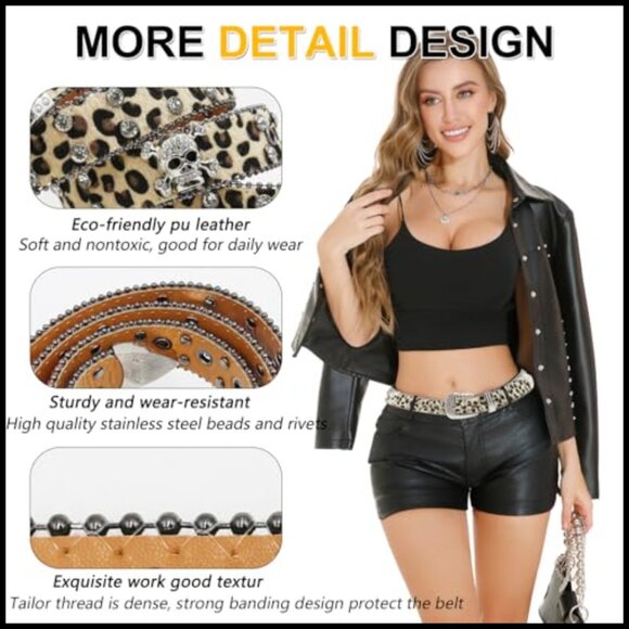 Rhinestone Skull Leopard Belt Punk Studded Western Cowgirl main image 4